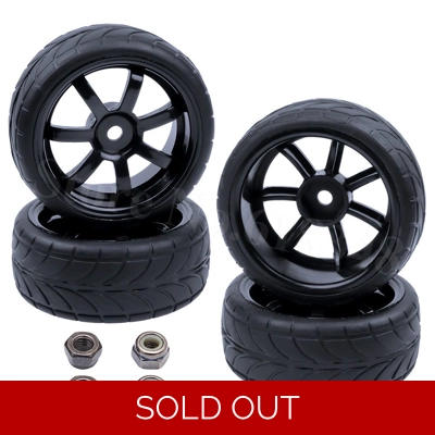 1:10 On Road Racing RC Car Rubber Wheels Tyres Rims Black 7 Spoke